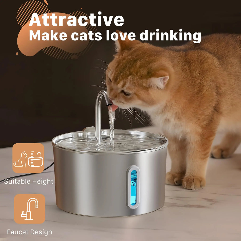 HydroFlow™ Stainless Steel Pet Water Fountain – 2.2L Automatic Water Dispenser