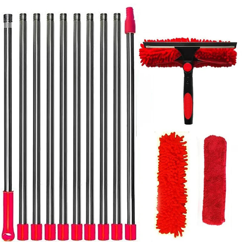2-in-1 Extendable Window Cleaning Kit - Maximum Extension Length 13 ft 9 in (420cm) Long Pole Squeegee & Duster Mop with 180° Swivel Head