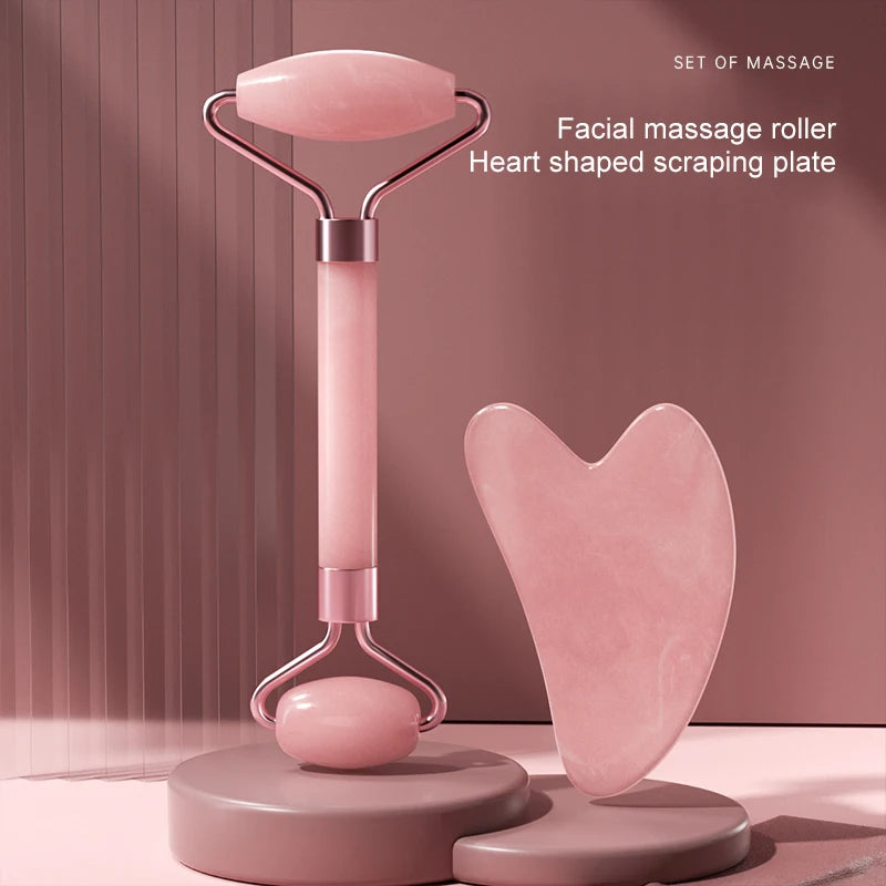 2-in-1 Facial Roller & Gua Sha Set – Face Neck Eye Massager Tool with Heart Shaped Scraping Board for Skincare & Lymphatic Drainage