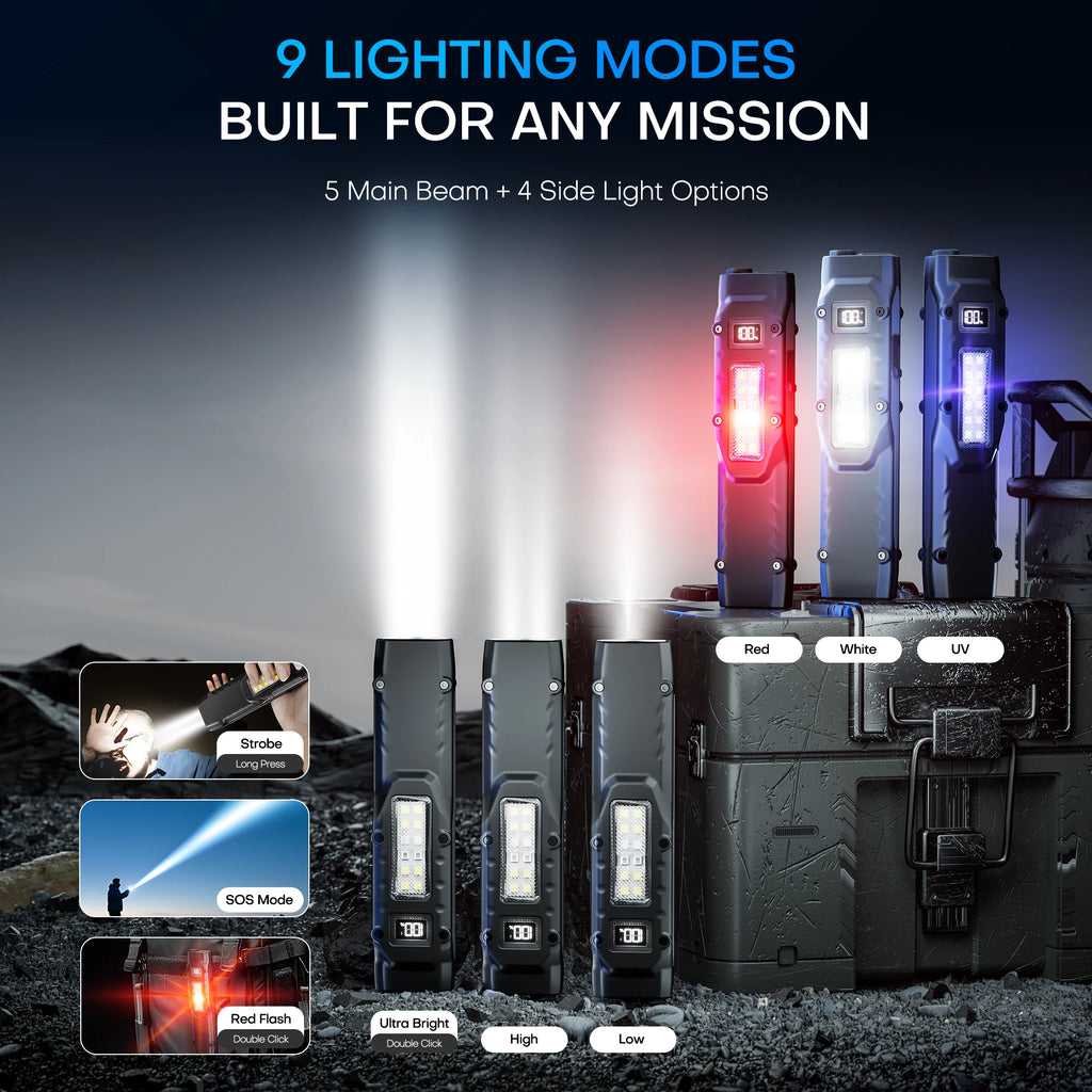Tactical Rechargeable Flashlight – Dual Switch LED with Digital Display, 8 Modes, Strong Beam for Camping, Hiking & Emergency Use