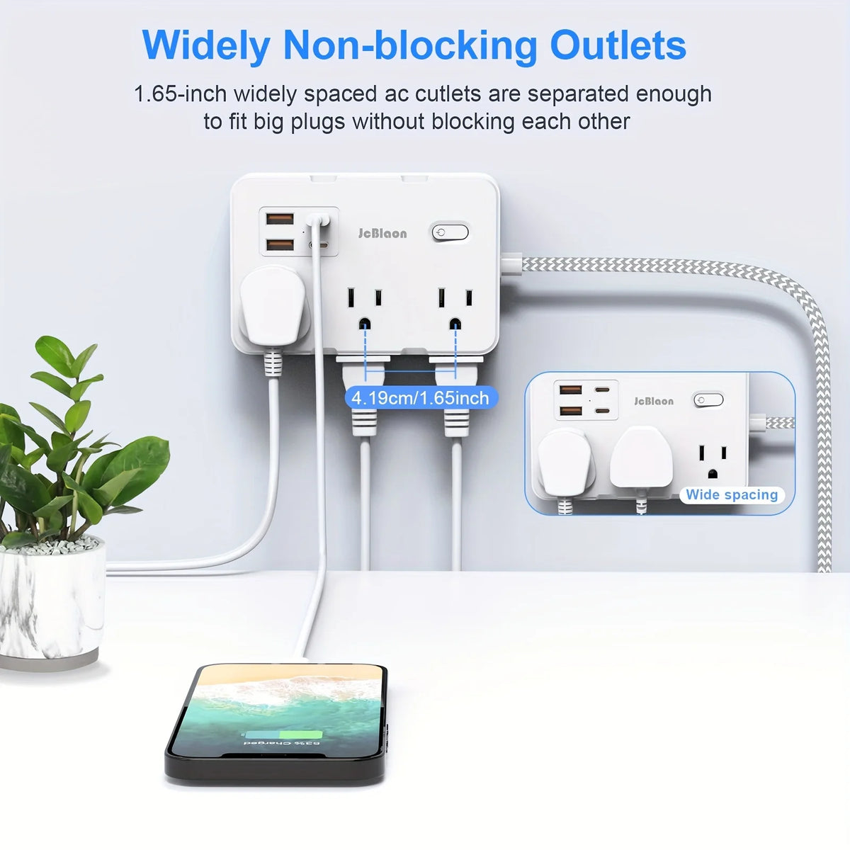 Multi-Port Power Strip with Braided Extension Cord – USB Type-C & AC Outlets Surge Protected Smart Home Charging Station