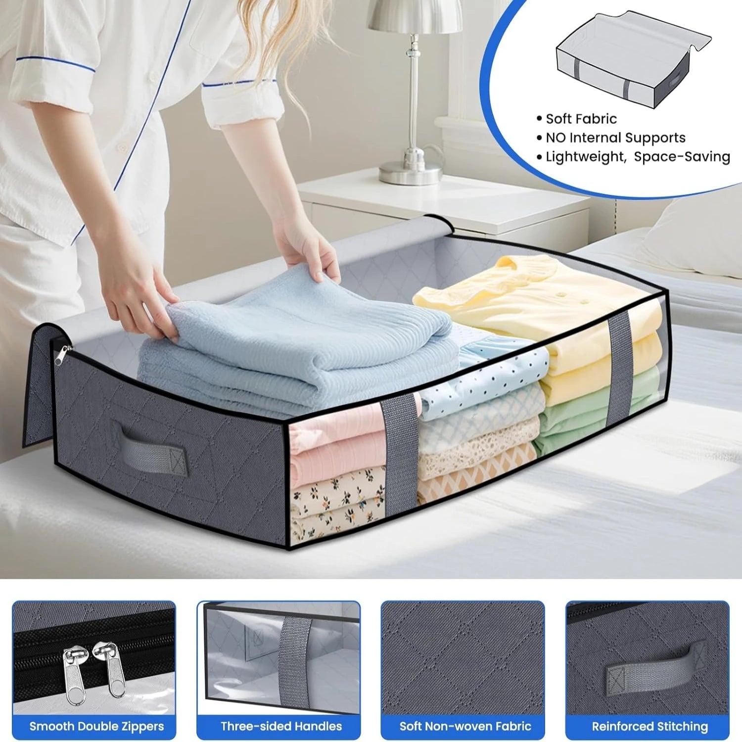 4-Pack Under Bed Storage Containers - 60L Space-Saving Blanket Shoe Bedding Organizer
