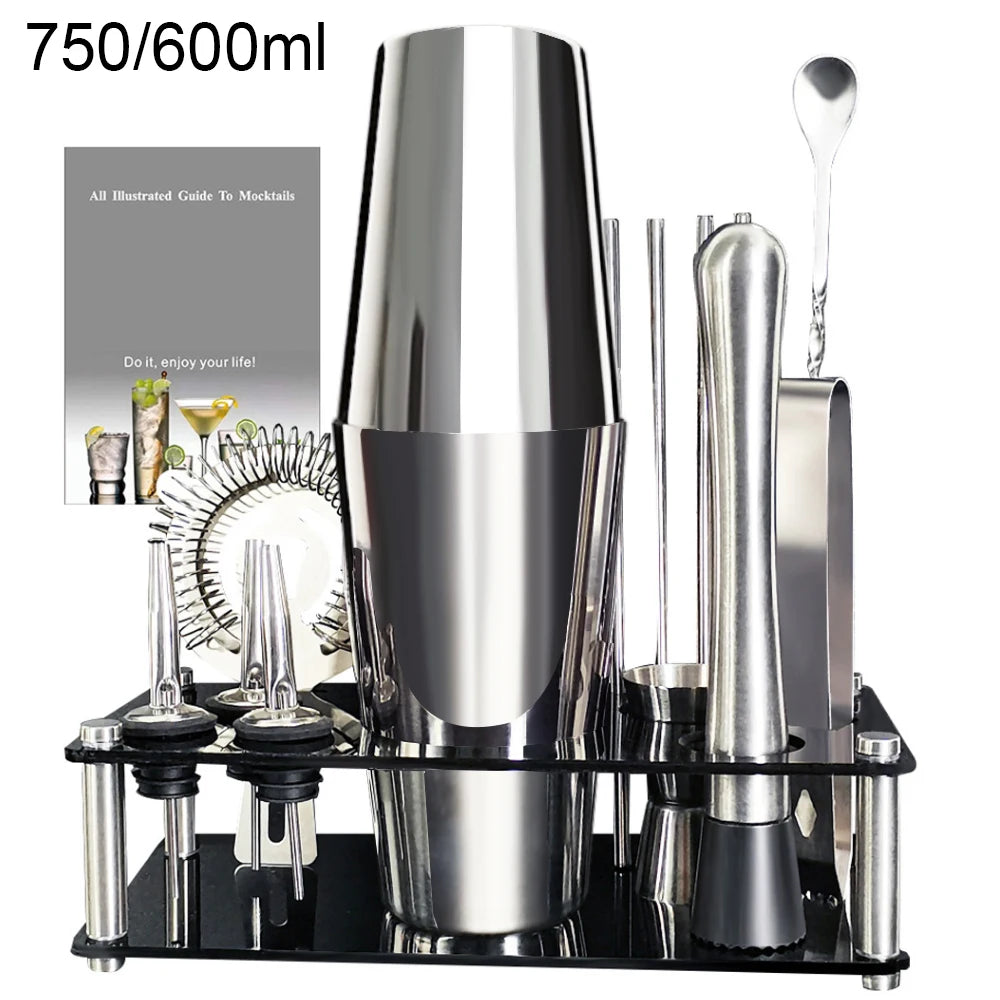Premium Stainless Steel Cocktail Shaker Set with Bamboo Stand – 13 or 22 Piece Bartender Kit