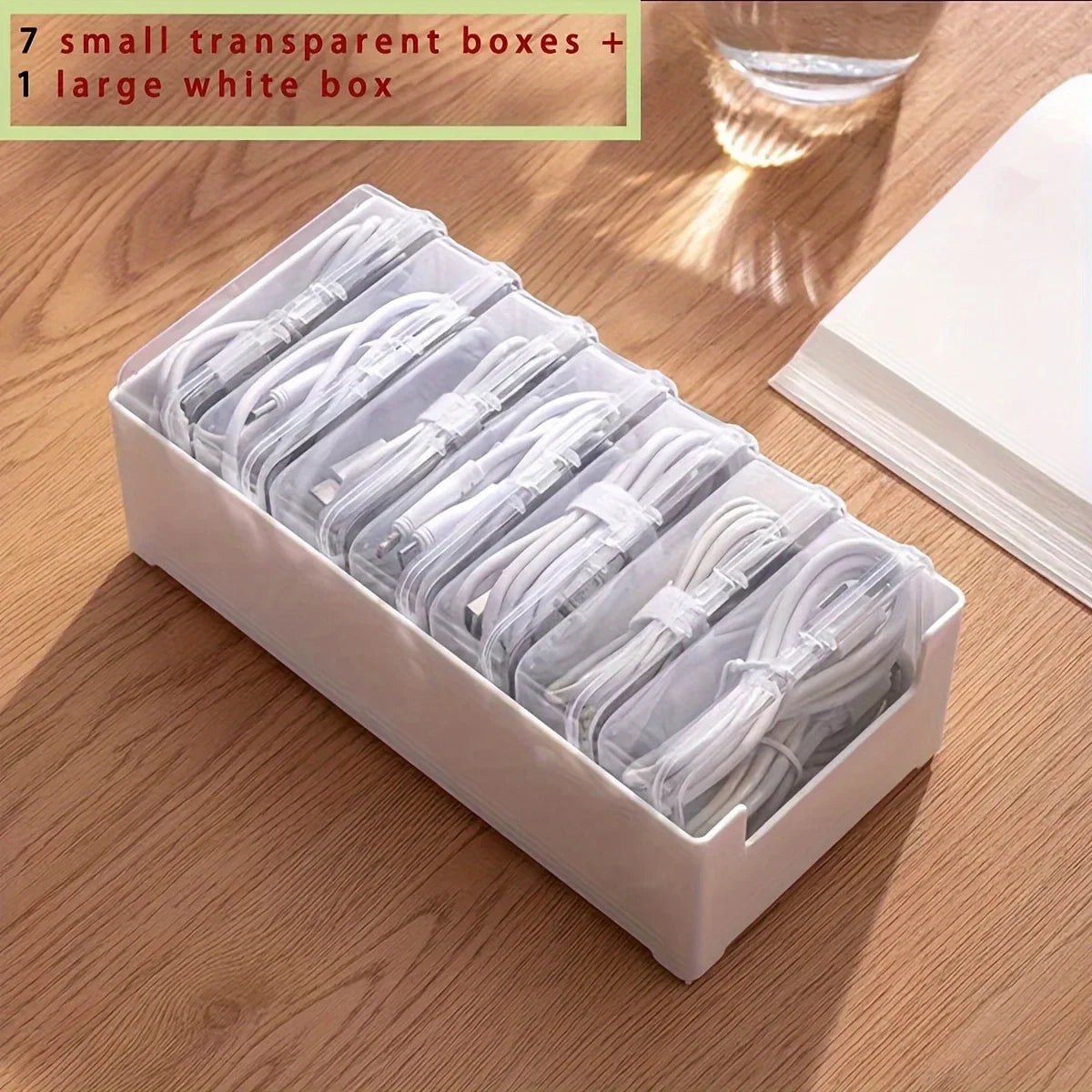 Cable Storage Box with 7 Small Compartments - Desktop Cable Organizer & Desk Tidy for Office