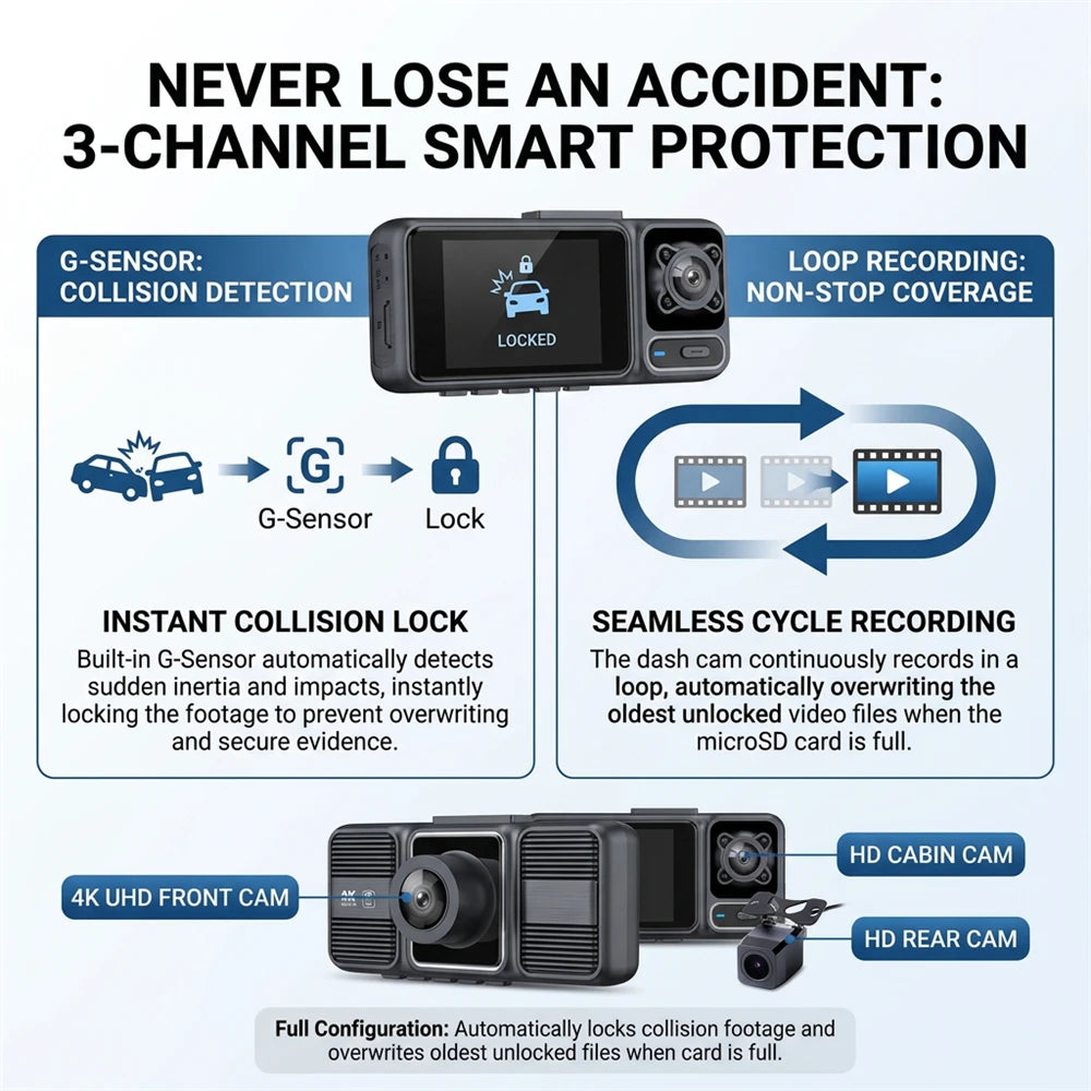 4K Triple Camera Dash Cam – Front, Cabin & Rear 2160P Recording with WiFi, Night Vision & 24H Parking Monitor