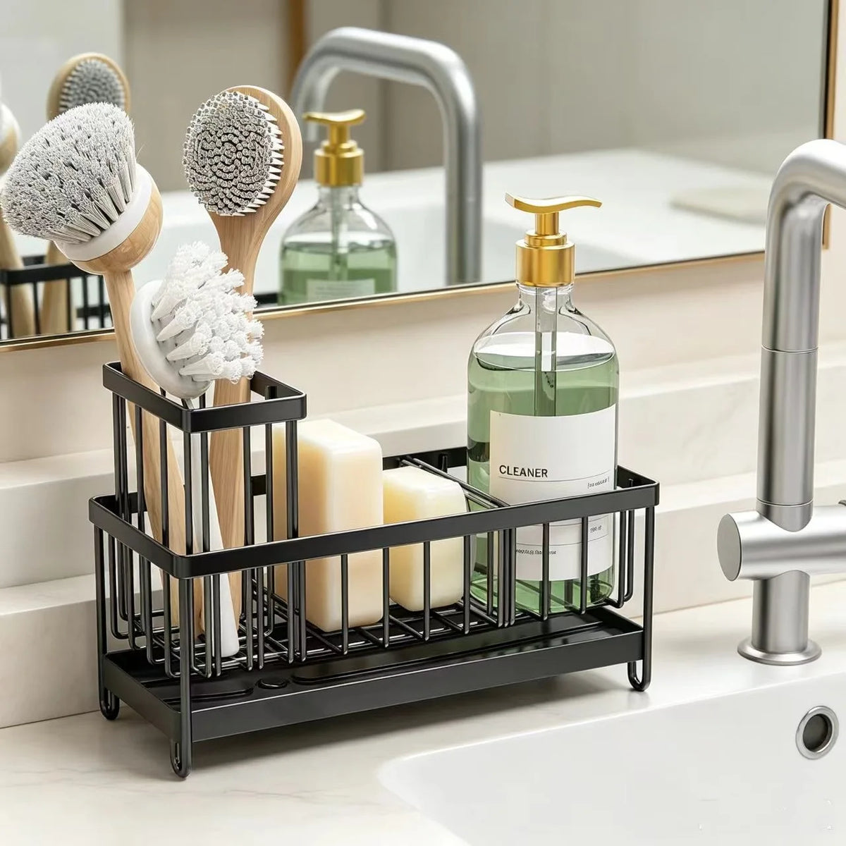 Stylish Black Metal Kitchen Sink Caddy – No-Drill Countertop Organizer for Sponges, Brushes & Soap with Built-in Drip Tray