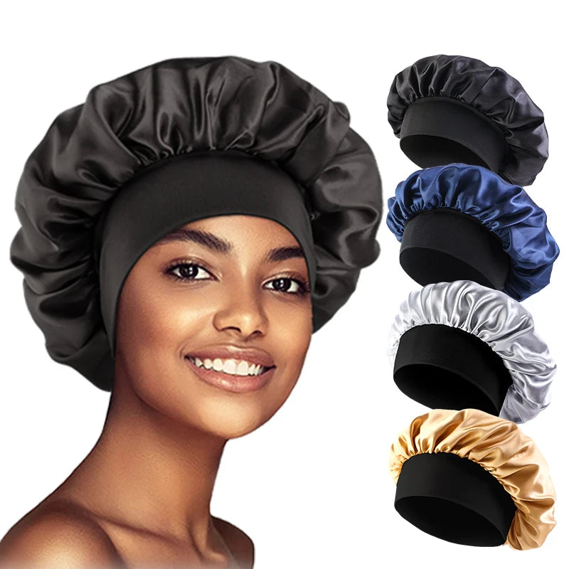 Satin Sleep Bonnet with Wide Brim & Elastic Band – Wide-Brimmed Night Cap for Women & Men, Hair Protection Bonnet for Sleeping & Bathing