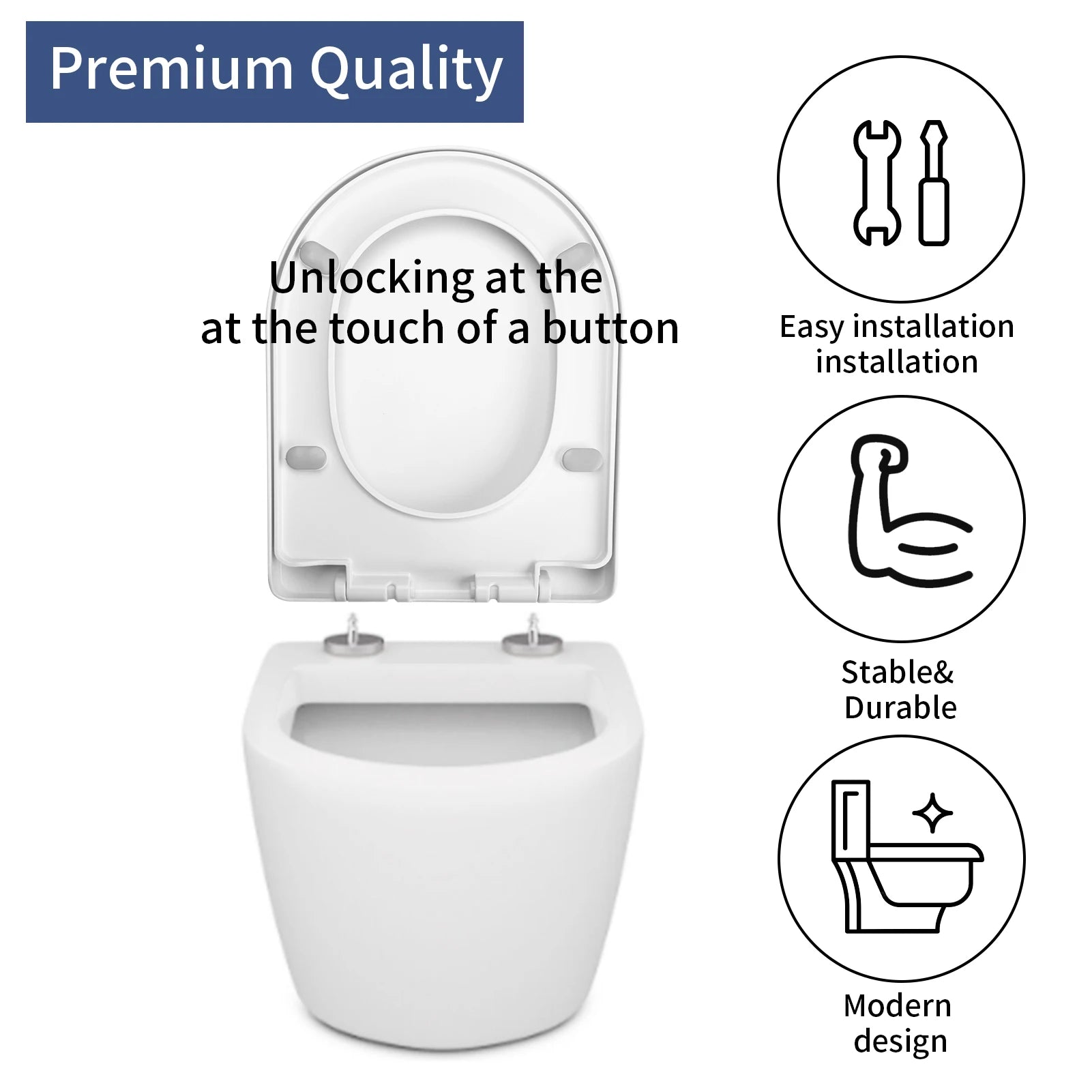 Soft Close Toilet Seat – Quick Release White PP Seat with Anti-Bacterial Top & Bottom Fixing