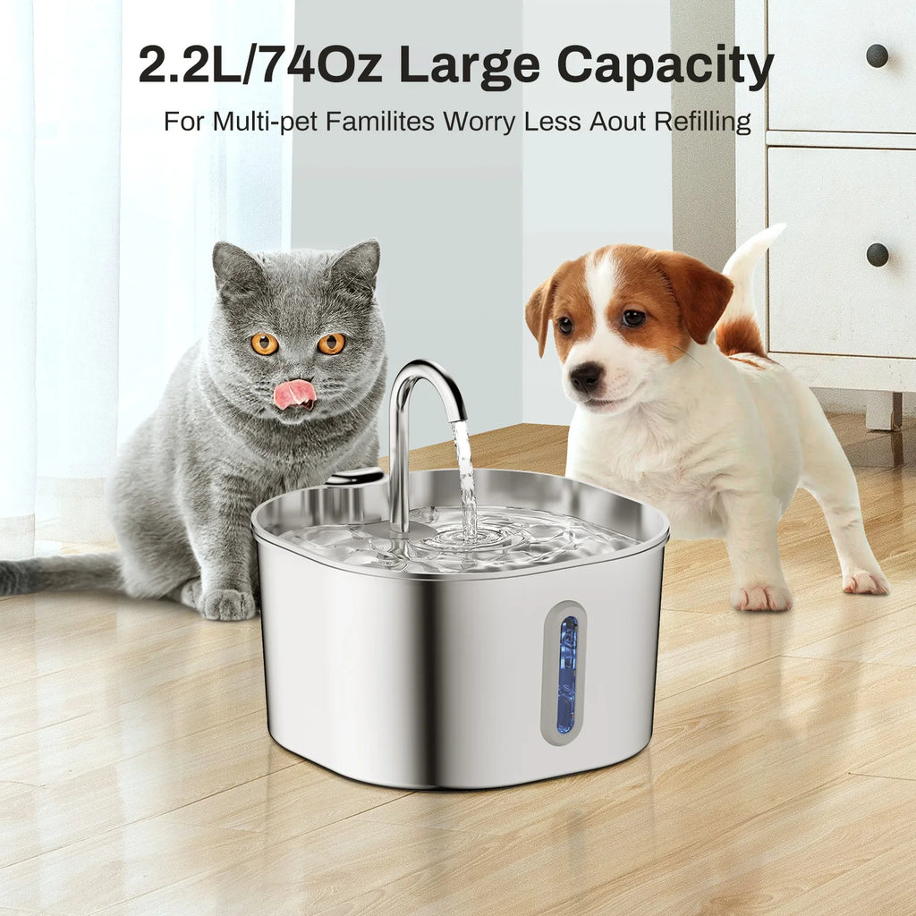 HydroFlow™ Stainless Steel Pet Water Fountain – 2.2L Automatic Water Dispenser