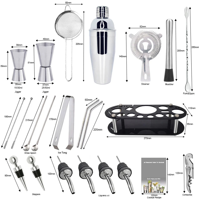 Premium Stainless Steel Cocktail Shaker Set with Bamboo Stand – 13 or 22 Piece Bartender Kit