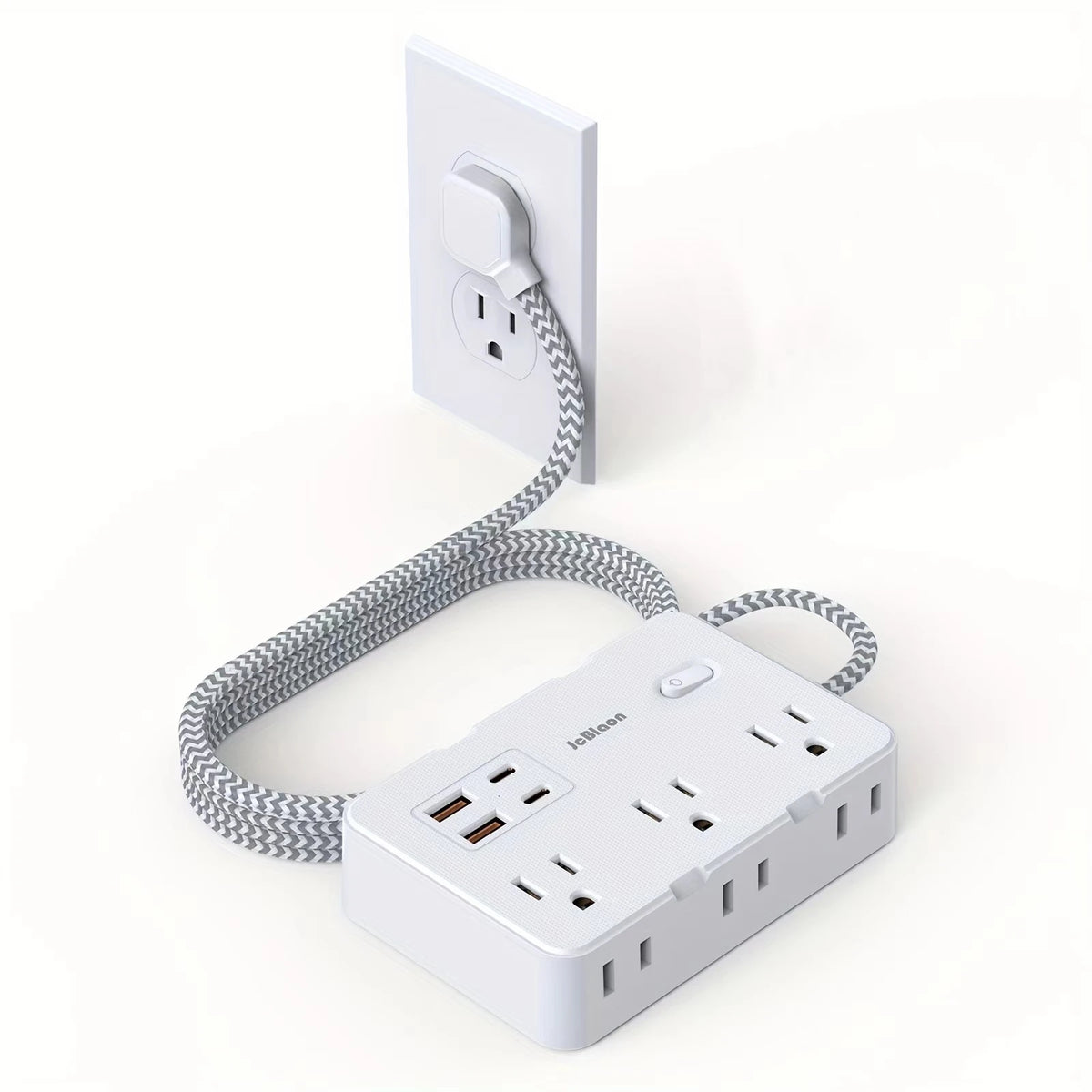 Multi-Port Power Strip with Braided Extension Cord – USB Type-C & AC Outlets Surge Protected Smart Home Charging Station