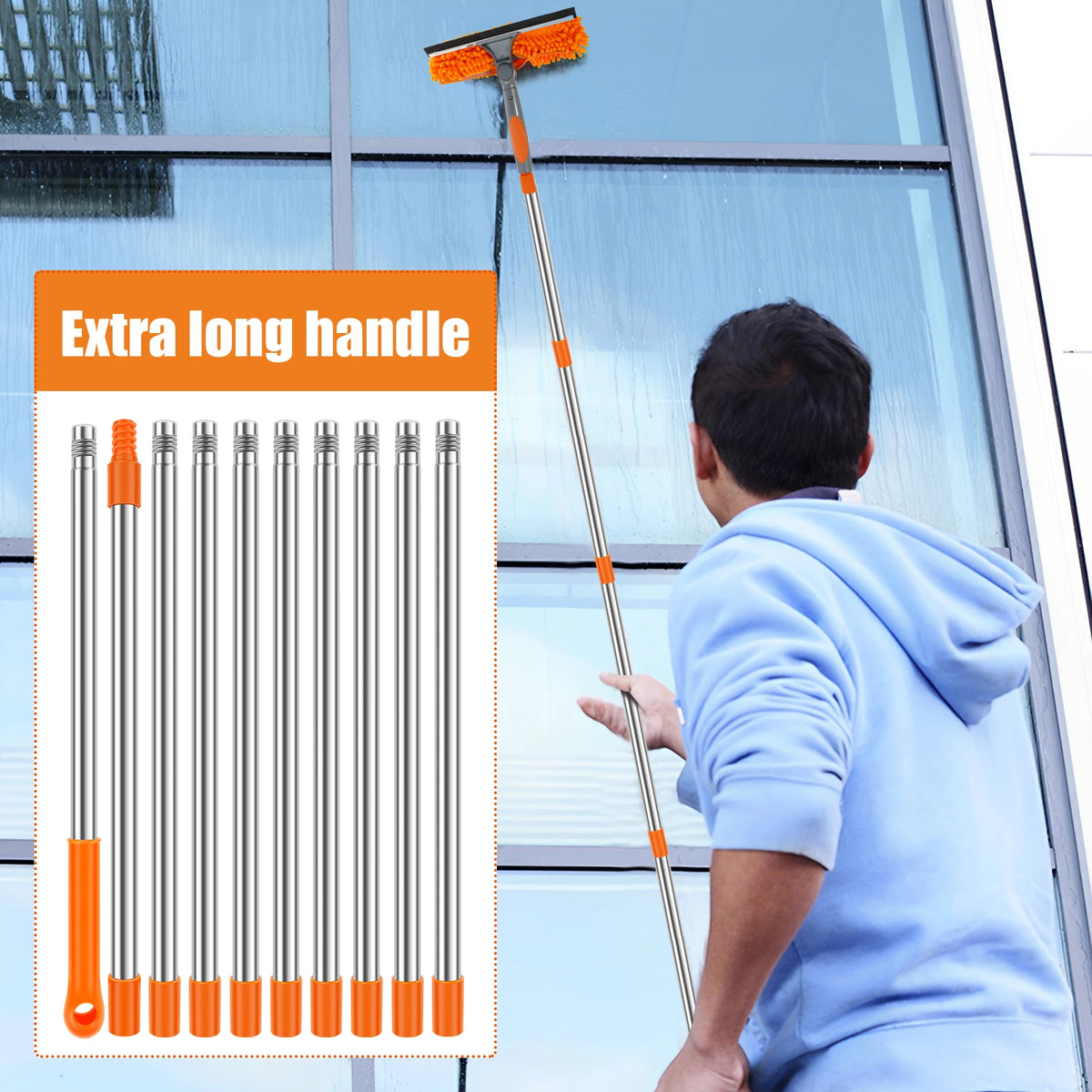 2-in-1 Extendable Window Cleaning Kit - Maximum Extension Length 13 ft 9 in (420cm) Long Pole Squeegee & Duster Mop with 180° Swivel Head