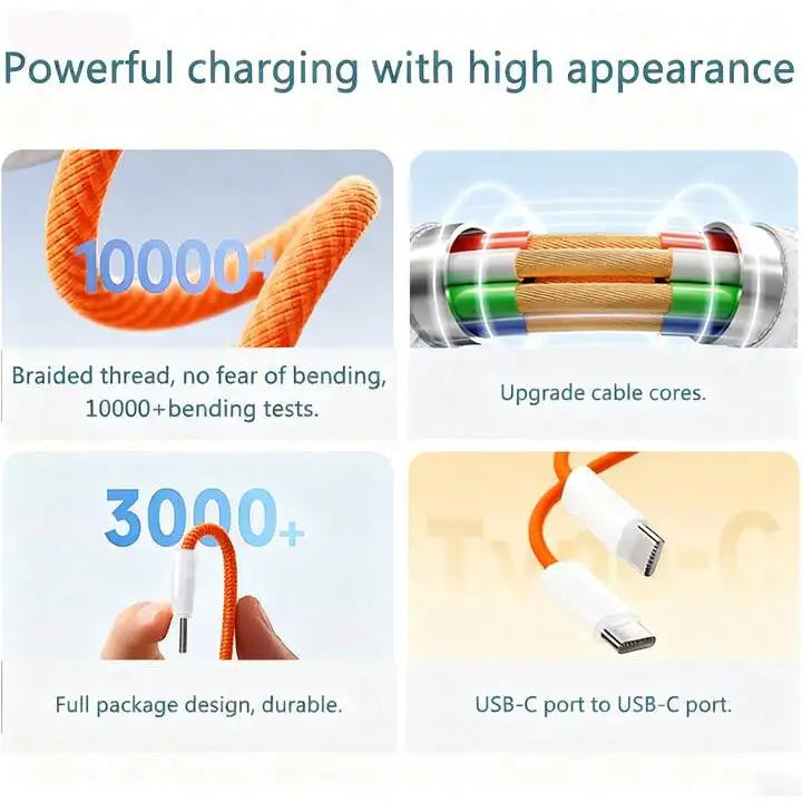 Fast Charging USB-C to USB-C Nylon Braided Cable for iPhone 17/16/15 – 3.3ft / 6.6ft / 10ft Durable Data Cord, PD Compatible