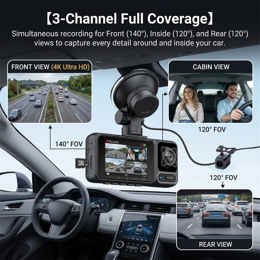 4K Triple Camera Dash Cam – Front, Cabin & Rear 2160P Recording with WiFi, Night Vision & 24H Parking Monitor
