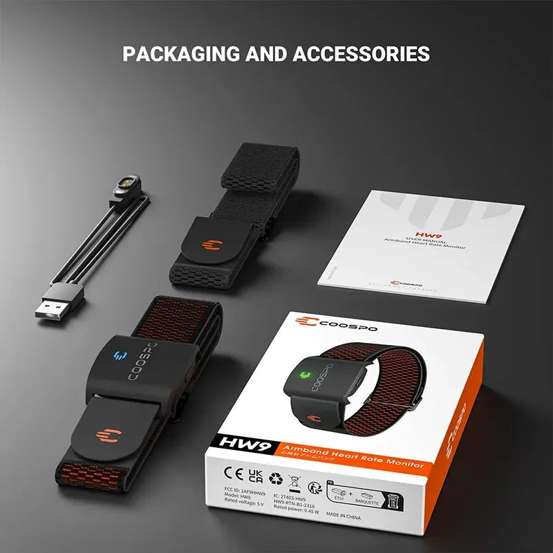 COOSPO HW9 Heart Rate Monitor Armband – HRM Sensor with HR Zones & Calories for Running, Cycling, Peloton & Zwift