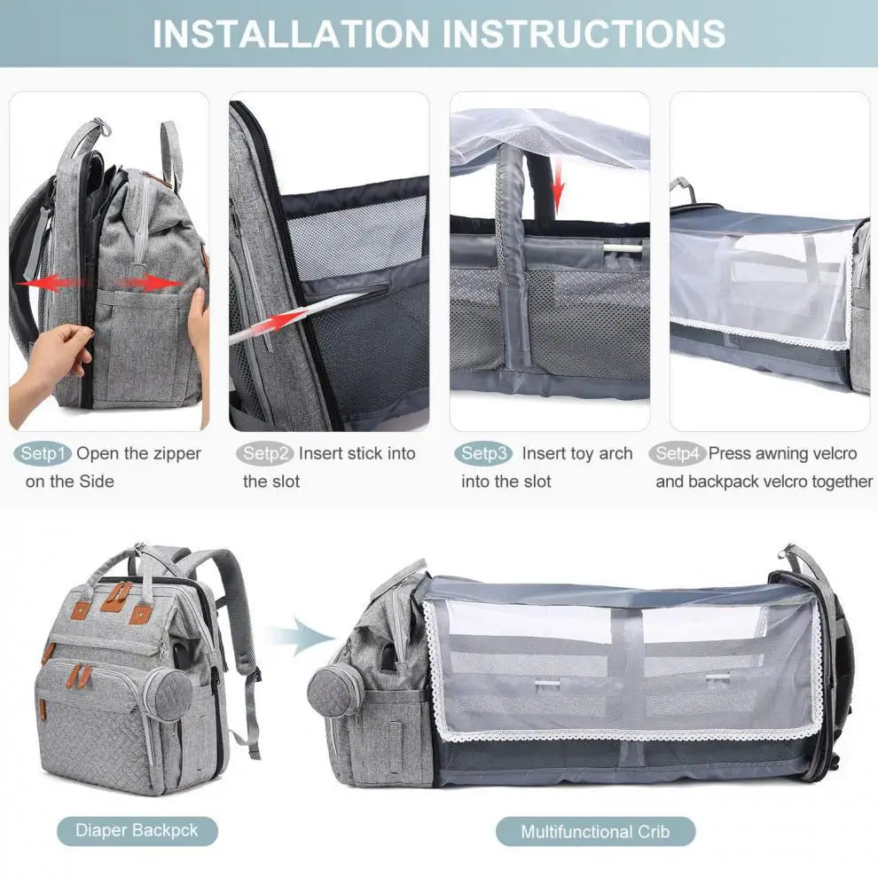 3-in-1 Baby Diaper Backpack with Foldable Travel Bed & USB Port