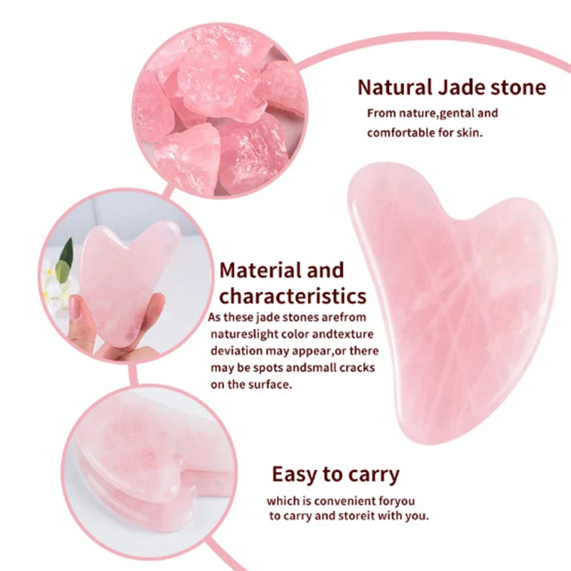 Natural Rose Quartz Gua Sha Jade Facial Tool Set – GuaSha Scraping Massage Board & Roller for Face, Neck & Body Skin Care & Anti-Aging