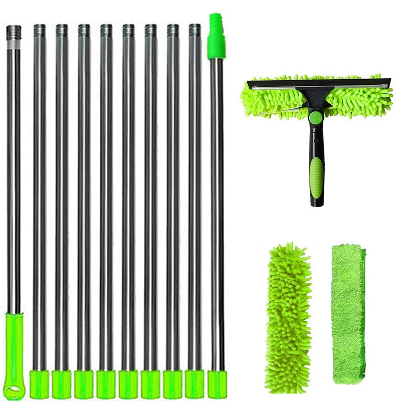 2-in-1 Extendable Window Cleaning Kit - Maximum Extension Length 13 ft 9 in (420cm) Long Pole Squeegee & Duster Mop with 180° Swivel Head