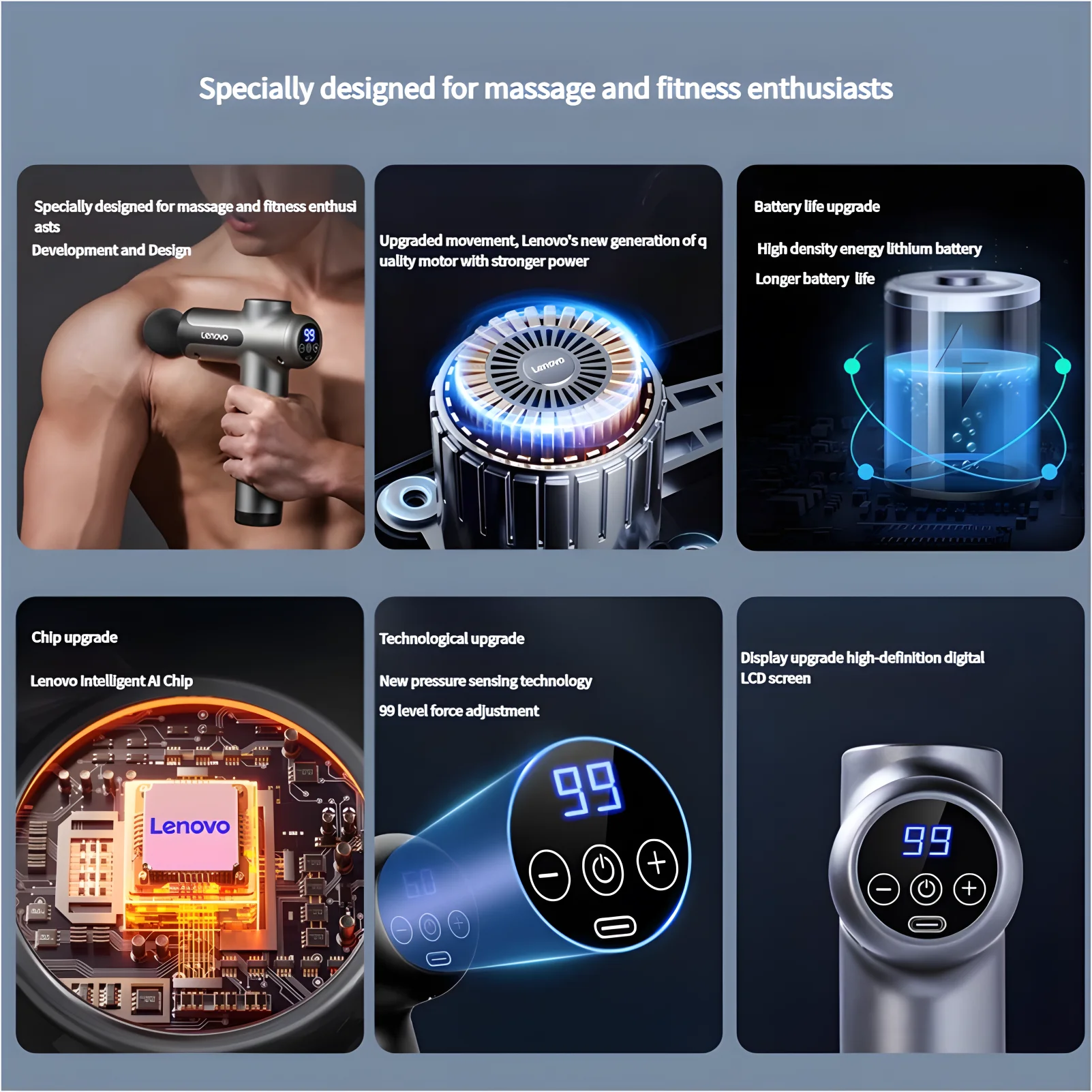 Lenovo Massage Gun - Deep Tissue Fascia Gun with 8 Massage Heads, LED Touch Screen