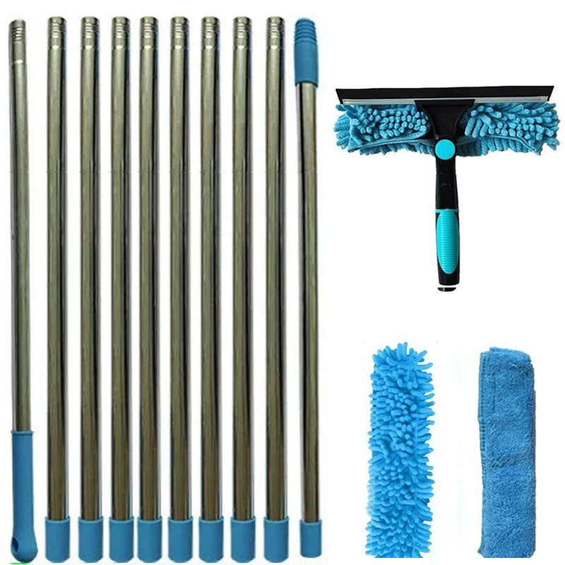 2-in-1 Extendable Window Cleaning Kit - Maximum Extension Length 13 ft 9 in (420cm) Long Pole Squeegee & Duster Mop with 180° Swivel Head
