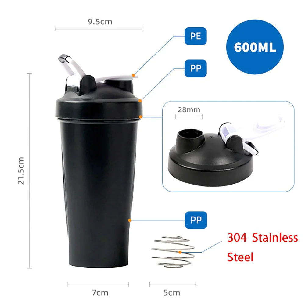 600ml Portable Protein Shaker Bottle with Wire Whisk Ball – Leak-Proof Fitness Shaker for Gym, Pre-Workout & Post-Workout