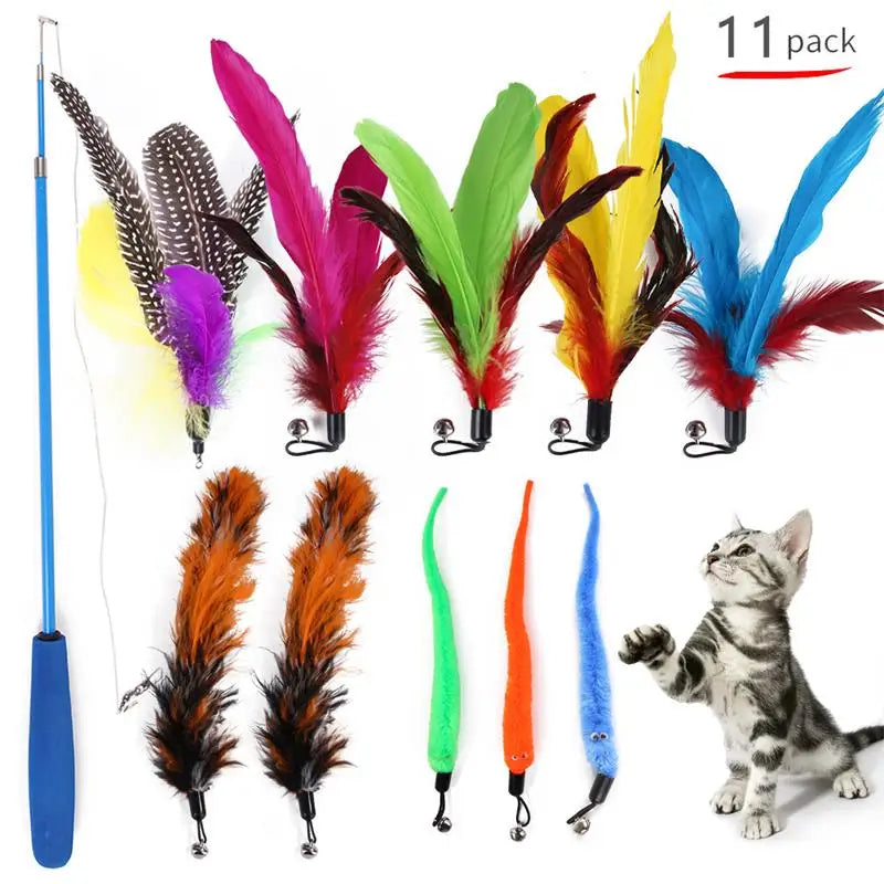 11-Pack Colorful Cat Feather Toy Refills – Replacement Heads for Interactive Wand Teasers