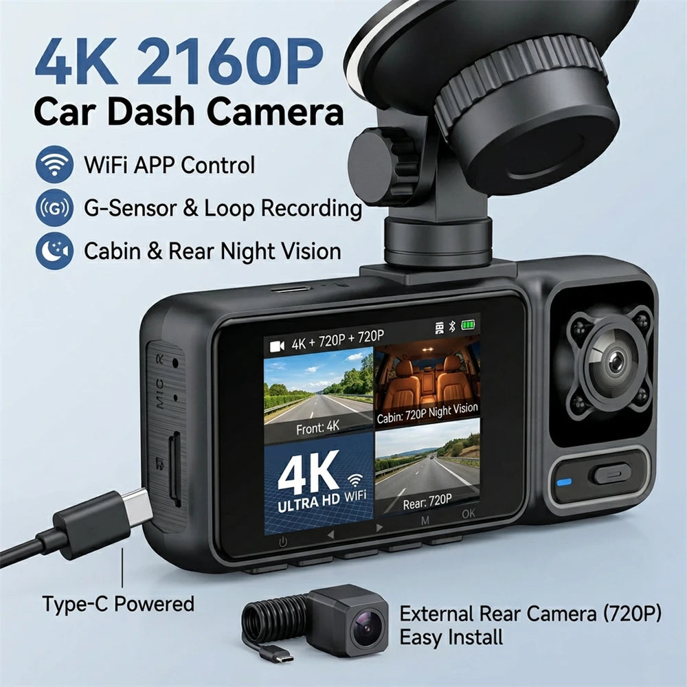 4K Triple Camera Dash Cam – Front, Cabin & Rear 2160P Recording with WiFi, Night Vision & 24H Parking Monitor