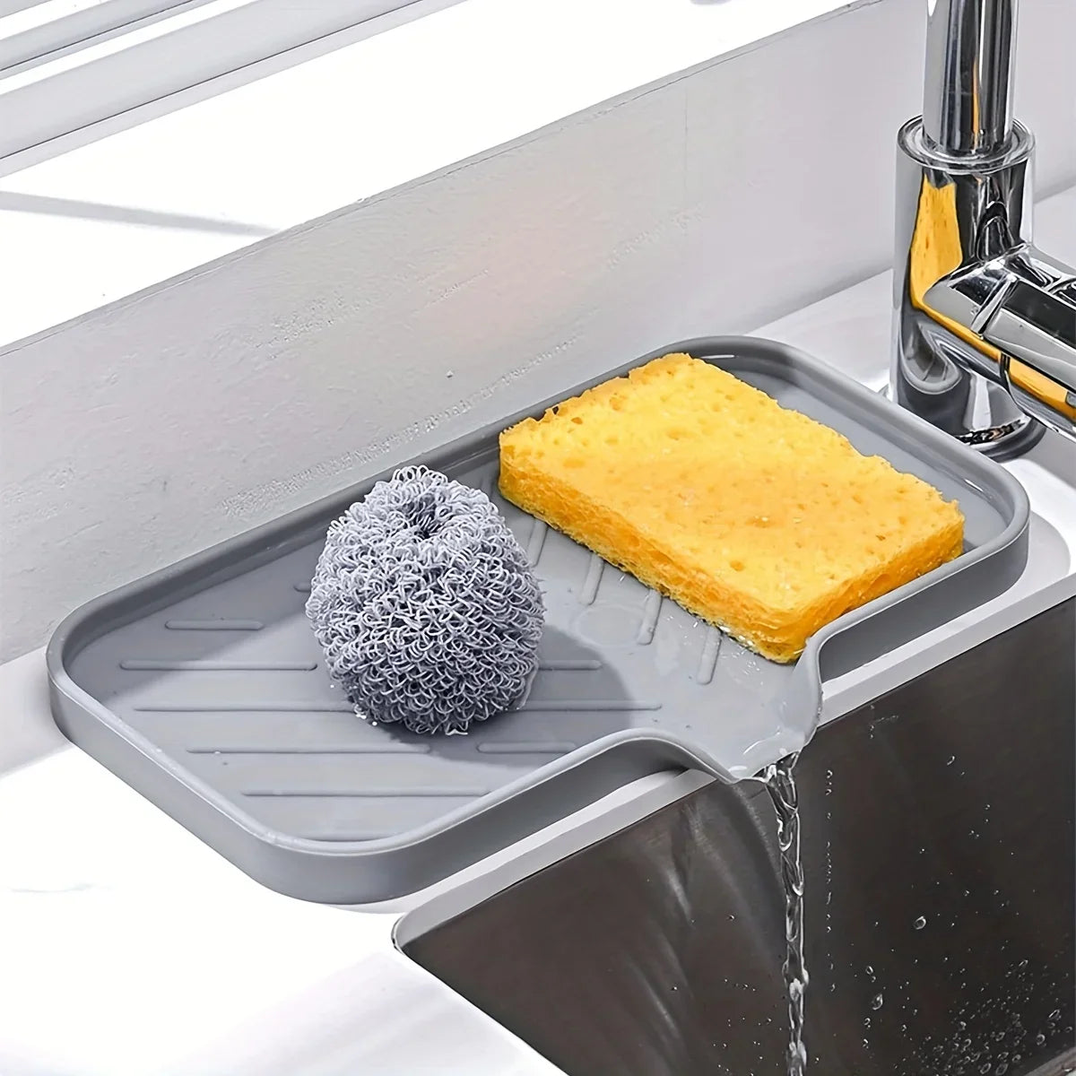 Premium Silicone Sink Organizer Tray with Drain – Kitchen Sponge & Soap Holder