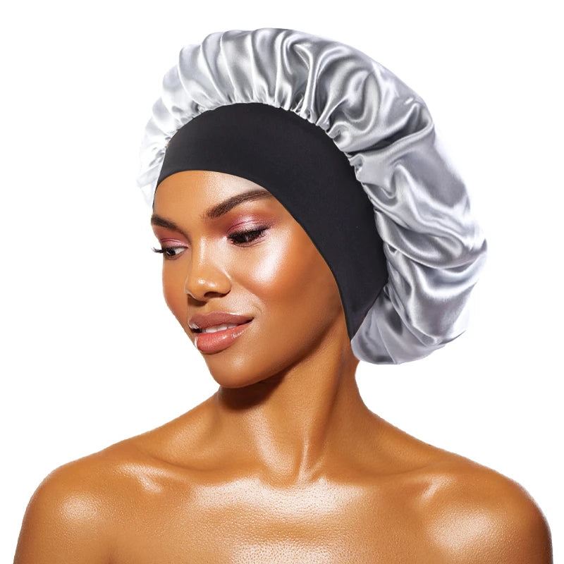 Satin Sleep Bonnet with Wide Brim & Elastic Band – Wide-Brimmed Night Cap for Women & Men, Hair Protection Bonnet for Sleeping & Bathing