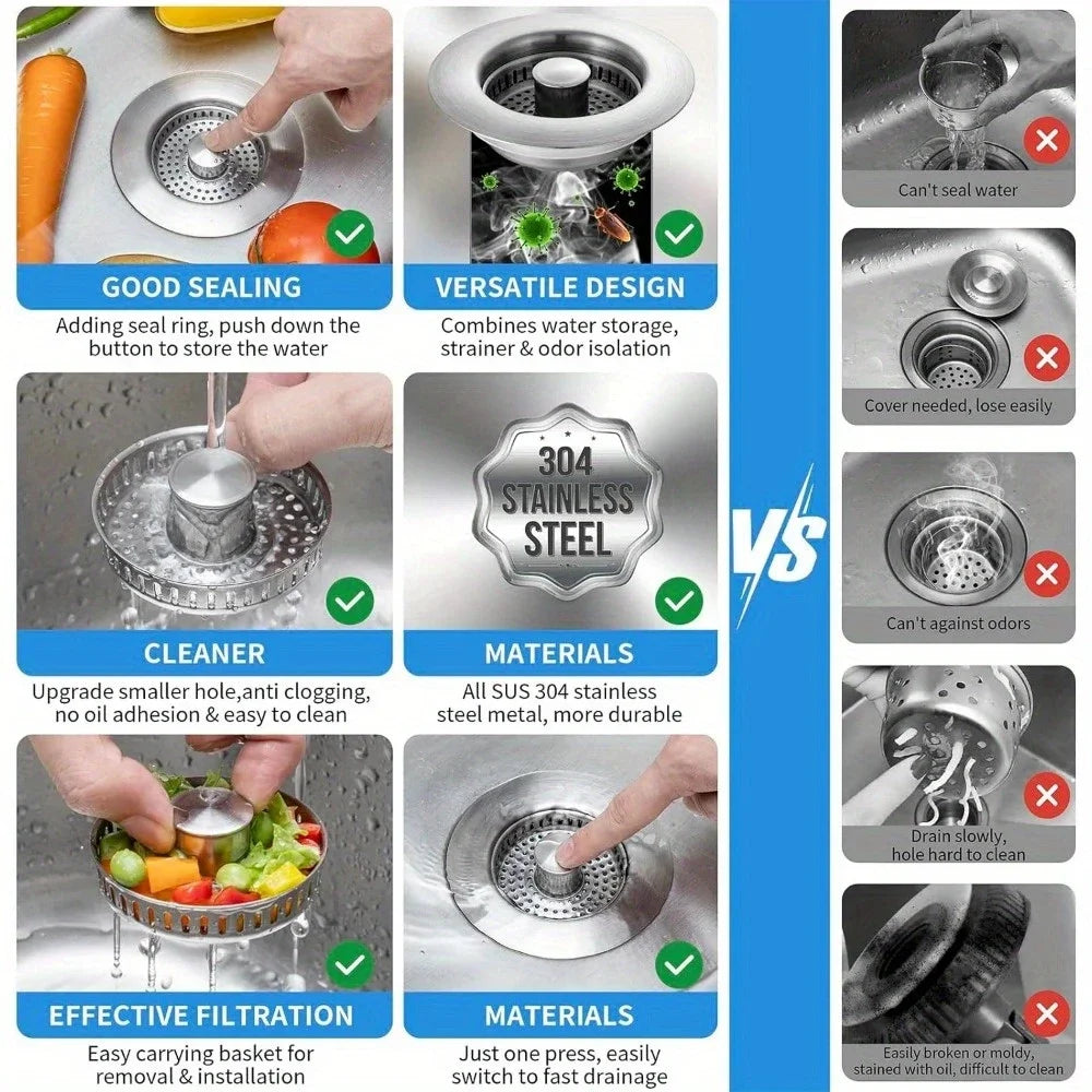3-in-1 Stainless Steel Sink Strainer & Pop-Up Stopper