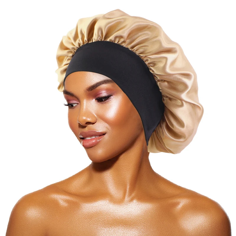 Satin Sleep Bonnet with Wide Brim & Elastic Band – Wide-Brimmed Night Cap for Women & Men, Hair Protection Bonnet for Sleeping & Bathing