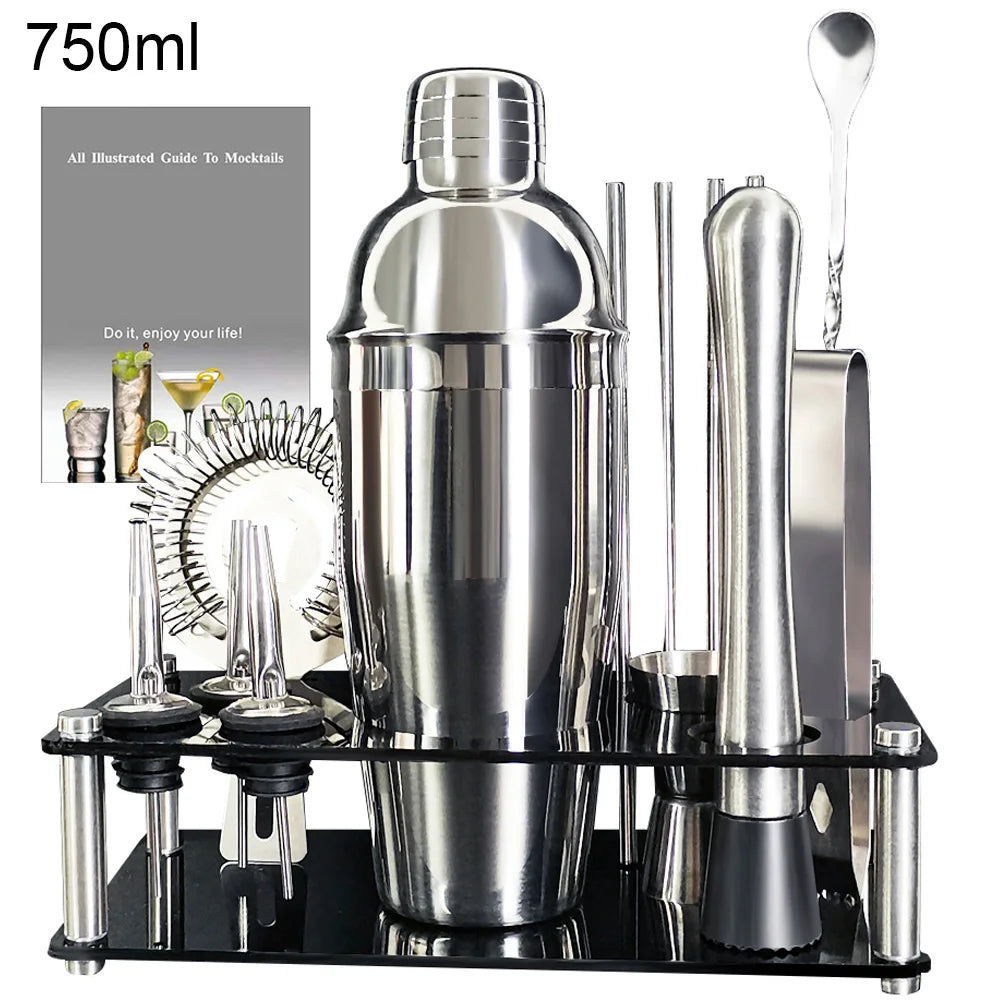 Premium Stainless Steel Cocktail Shaker Set with Bamboo Stand – 13 or 22 Piece Bartender Kit