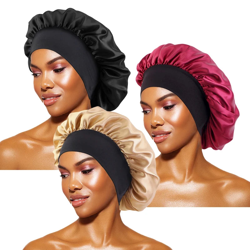 Satin Sleep Bonnet with Wide Brim & Elastic Band – Wide-Brimmed Night Cap for Women & Men, Hair Protection Bonnet for Sleeping & Bathing
