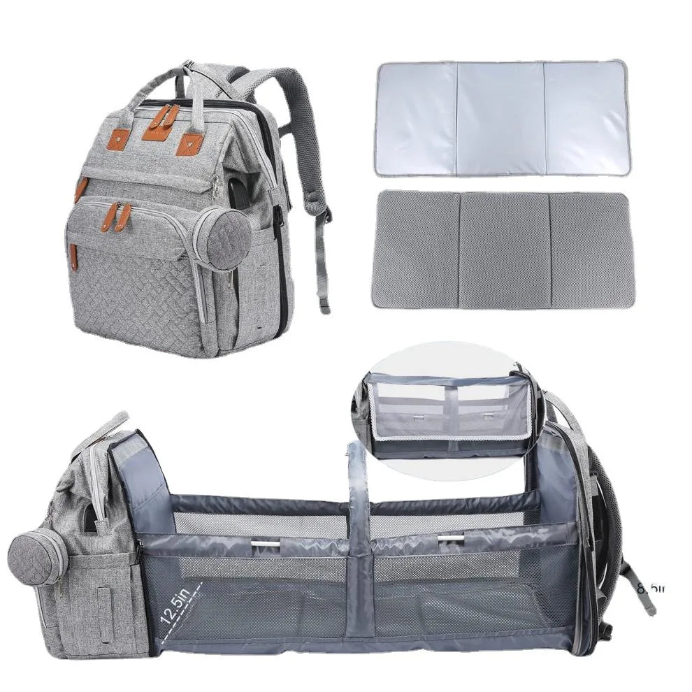 3-in-1 Baby Diaper Backpack with Foldable Travel Bed & USB Port