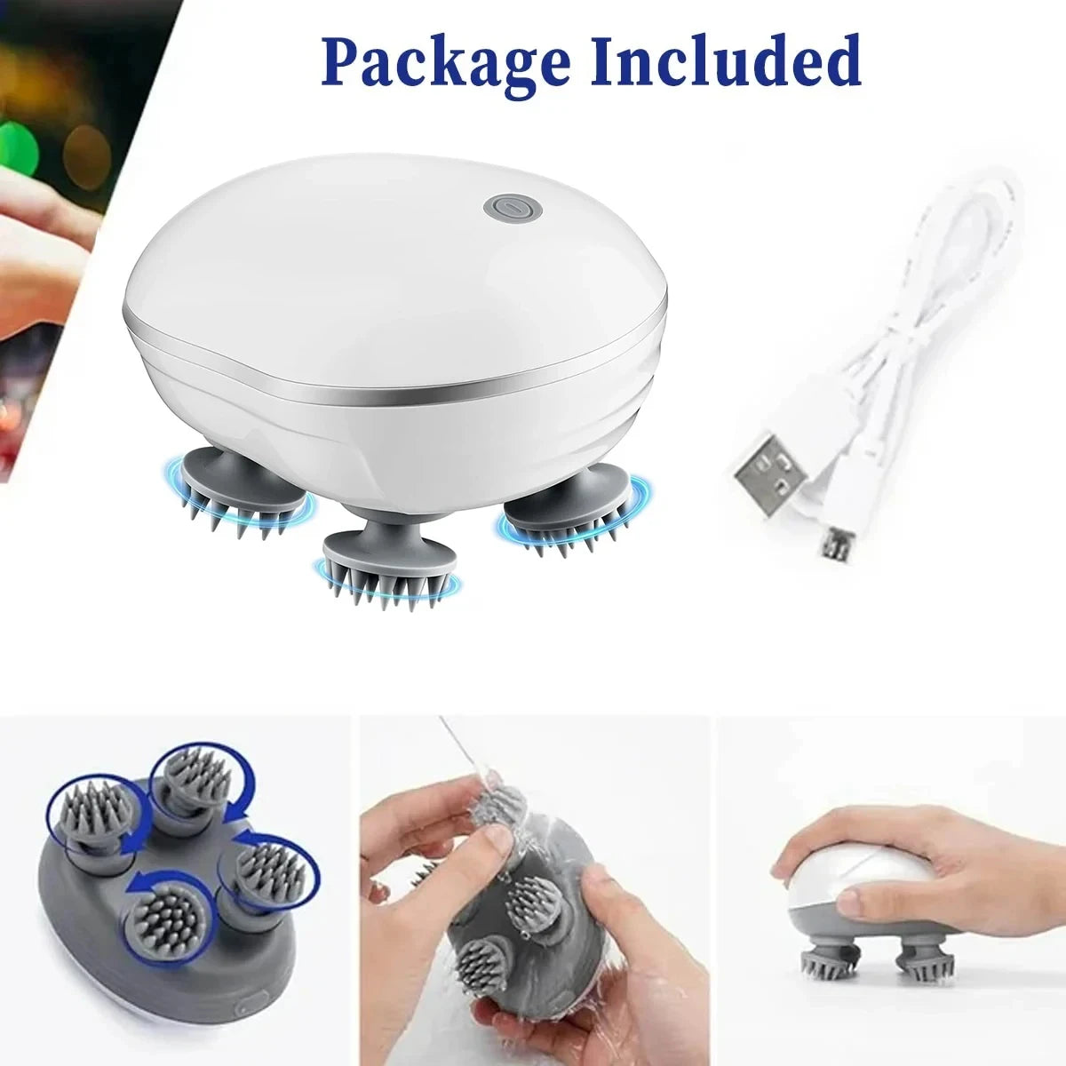 Luxury Electric Scalp Massager with Red Light Therapy – Adjustable Speed Deep Kneading Head Massager with Soft Silicone & USB Rechargeable Design