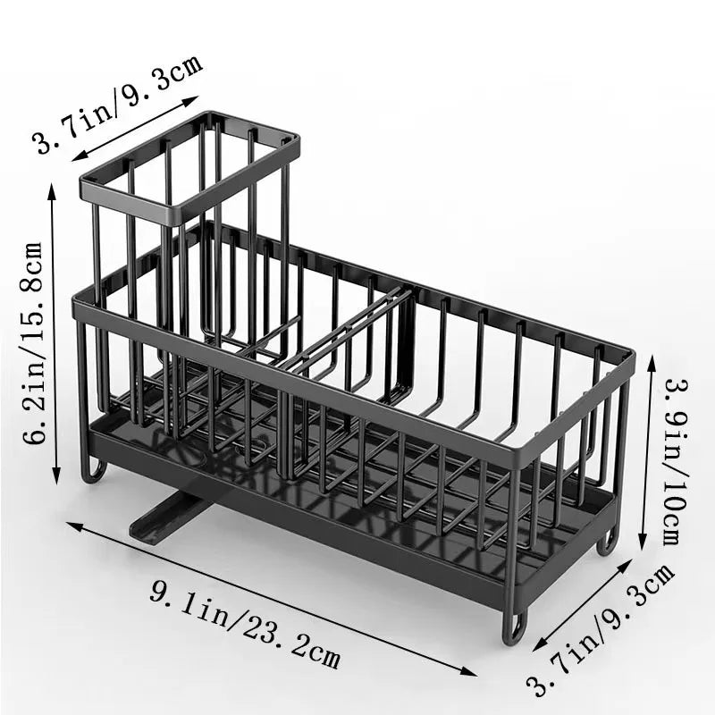 Stylish Black Metal Kitchen Sink Caddy – No-Drill Countertop Organizer for Sponges, Brushes & Soap with Built-in Drip Tray