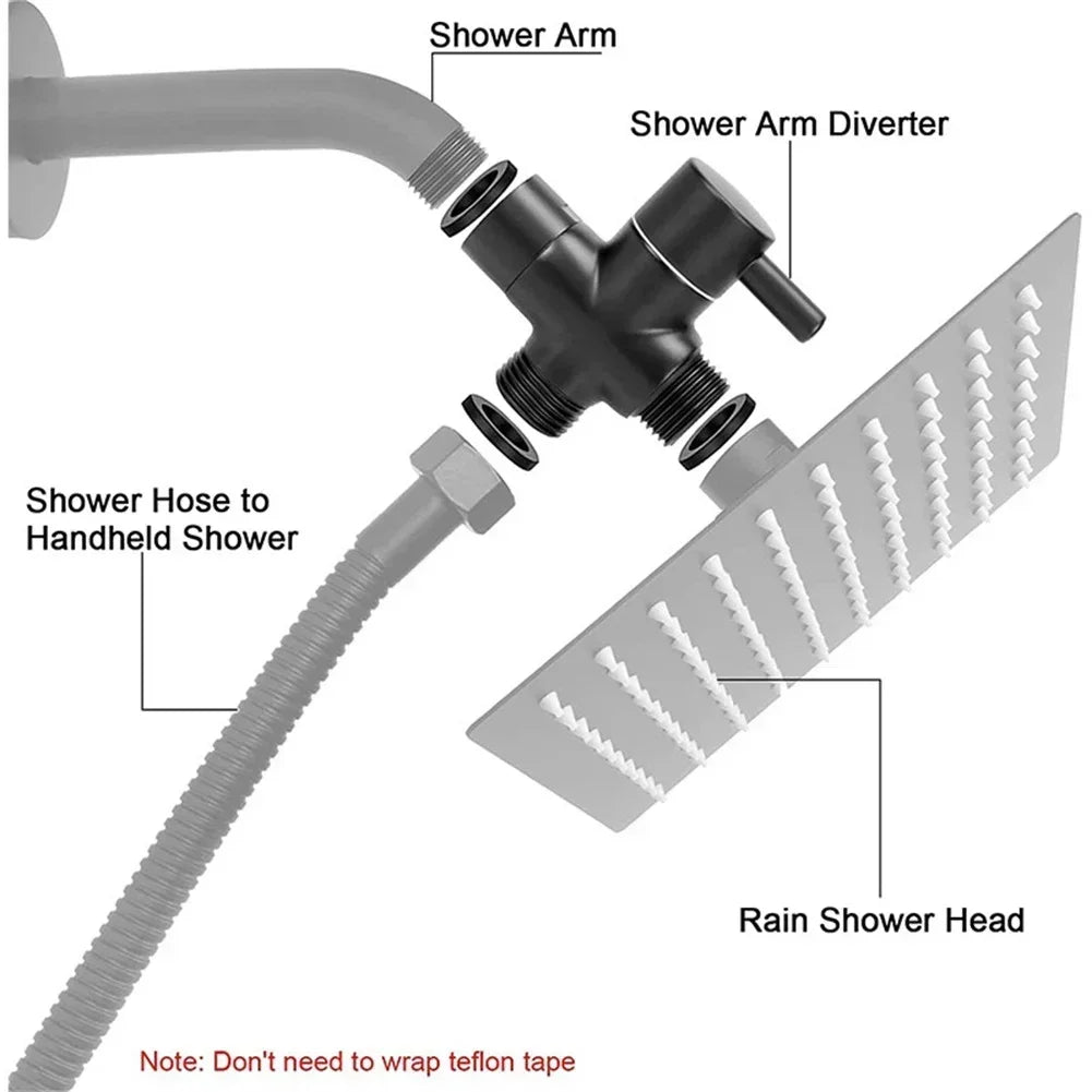 Matte Black 3-Way Shower Diverter Valve – G1/2 Brass T-Adapter Water Splitter for Rain & Handheld Shower Heads