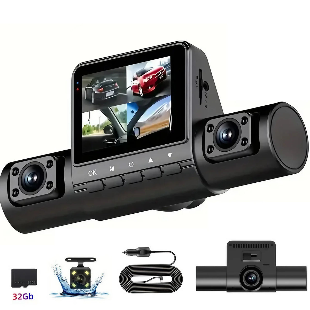 4-Lens 1080P Full HD Dash Cam – Wide-Angle Quad Camera with Loop Recording & 4.3" IPS Display