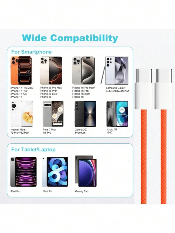 Fast Charging USB-C to USB-C Nylon Braided Cable for iPhone 17/16/15 – 3.3ft / 6.6ft / 10ft Durable Data Cord, PD Compatible