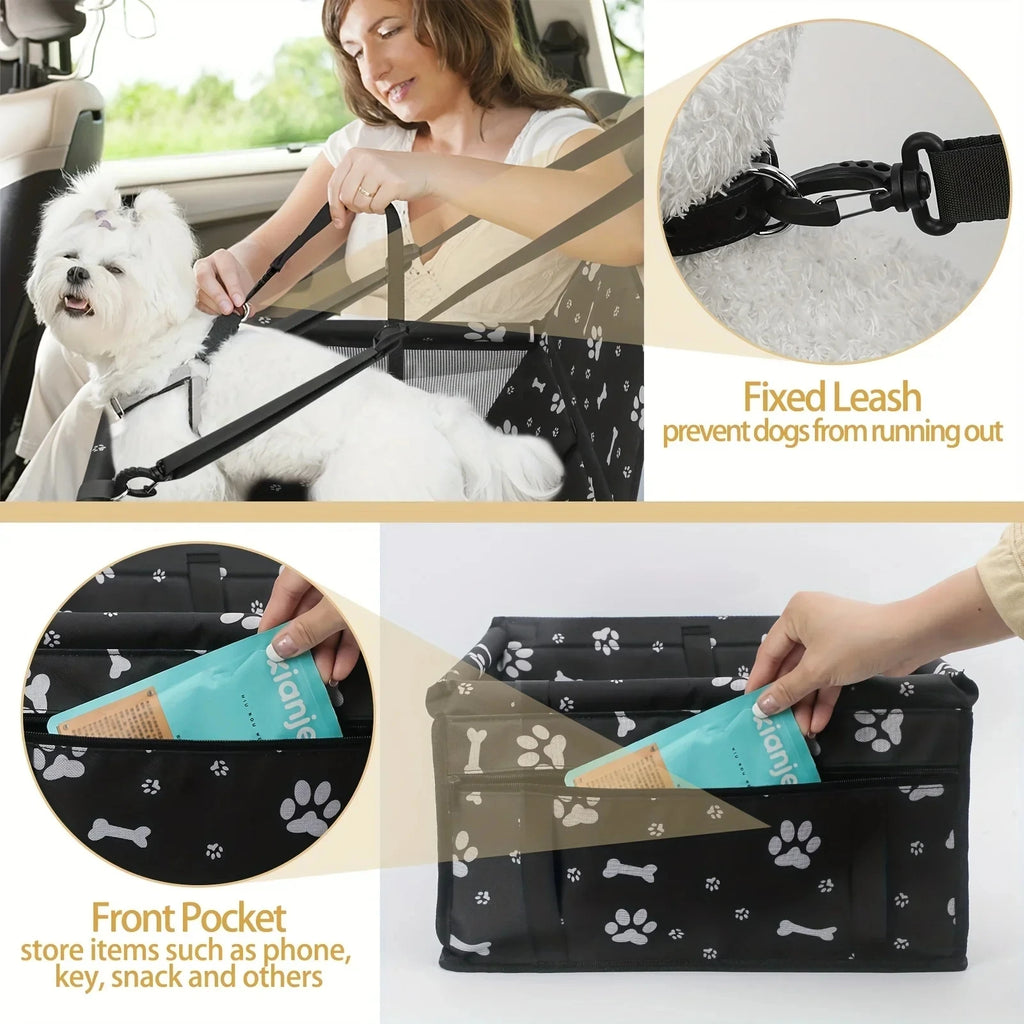 Pet Reinforce Car Booster Seat for Small Dogs & Cats - Portable Breathable Pet Carrier with Safety Belt, Stable Travel Booster Bag, Paw Print Design