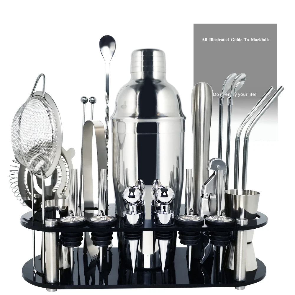 Premium Stainless Steel Cocktail Shaker Set with Bamboo Stand – 13 or 22 Piece Bartender Kit