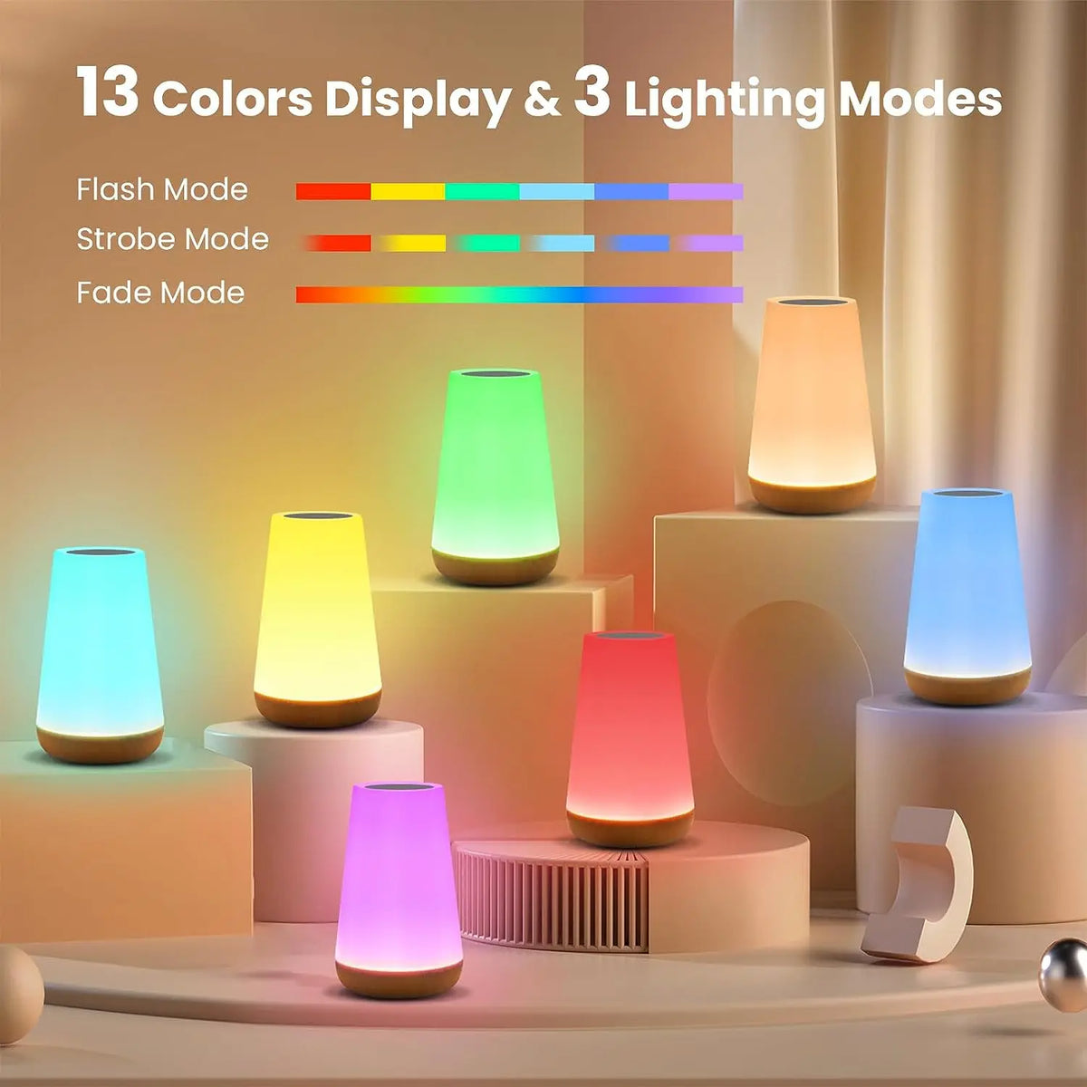 13-Color LED Touch Night Light – USB Rechargeable Bedside Lamp with Remote Control & Adjustable Brightness