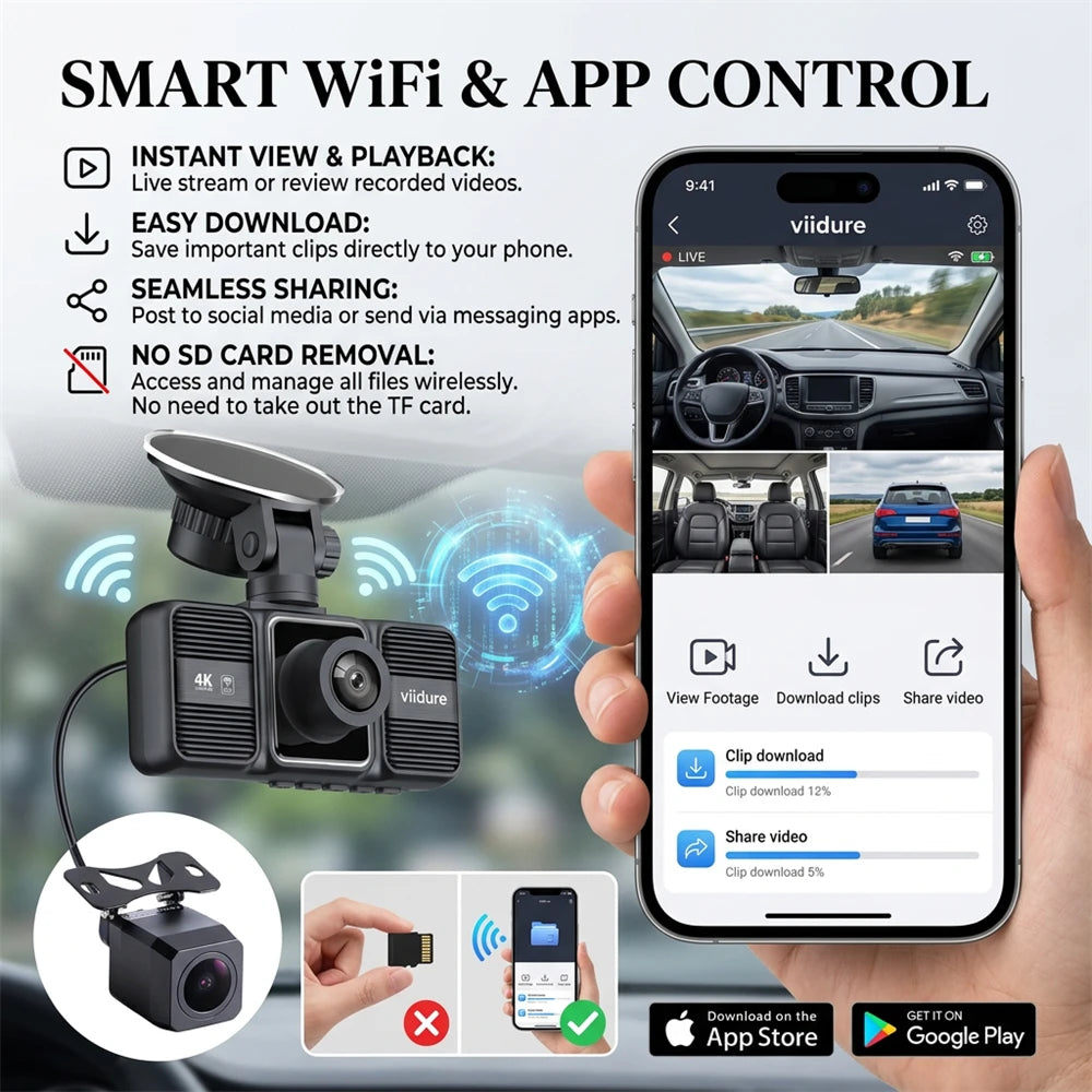 4K Triple Camera Dash Cam – Front, Cabin & Rear 2160P Recording with WiFi, Night Vision & 24H Parking Monitor