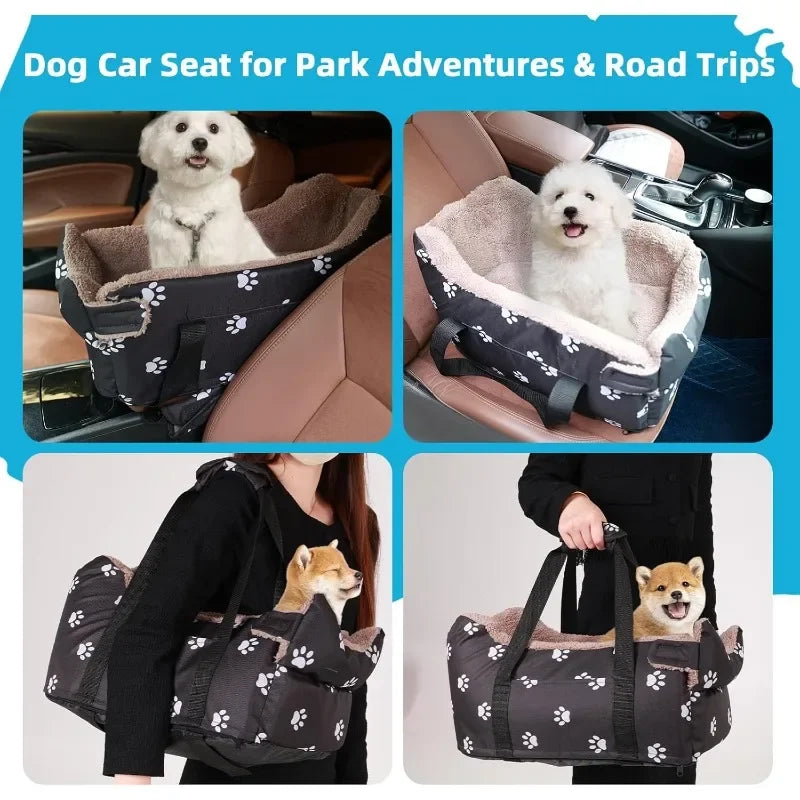 LETVIA Pet Car Seat Console Dog Car Carrier for Small Dogs & Cats - Portable Safety Booster Seat, Foldable Pet Bed with Paw Print Design for Travel & Outdoor Adventures