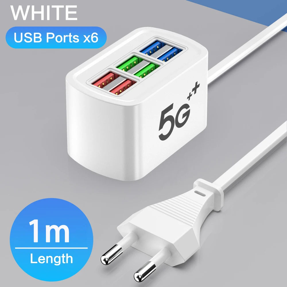 6-Port Fast USB Charging Station – Multi USB Hub Power Strip with 1m Braided Cord, Desktop Charging Hub for iPhone, Samsung & Tablets