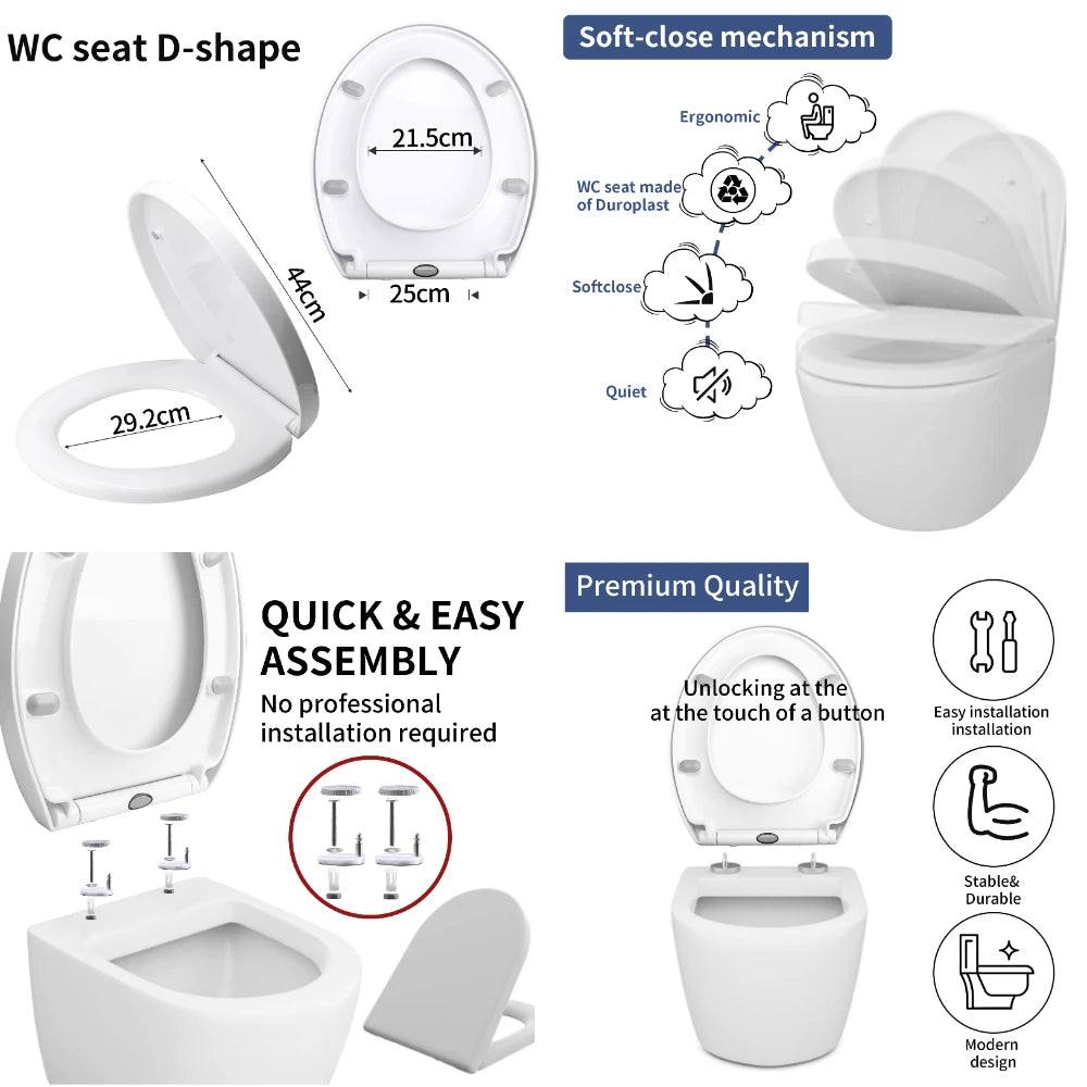 Soft Close Toilet Seat - White, Adjustable Hinges, Quiet & Easy Install