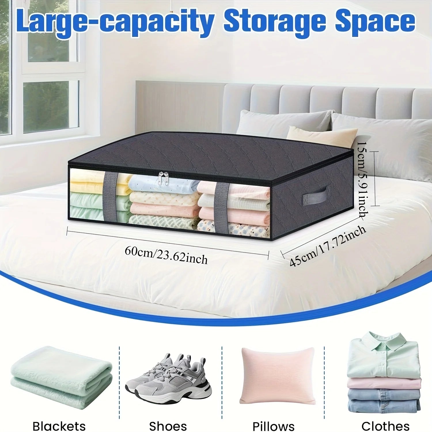 4-Pack Under Bed Storage Containers - 60L Space-Saving Blanket Shoe Bedding Organizer