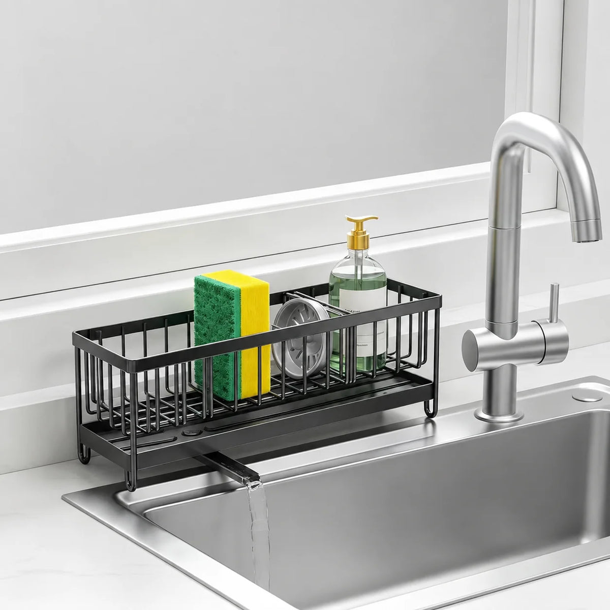 Stylish Black Metal Kitchen Sink Caddy – No-Drill Countertop Organizer for Sponges, Brushes & Soap with Built-in Drip Tray