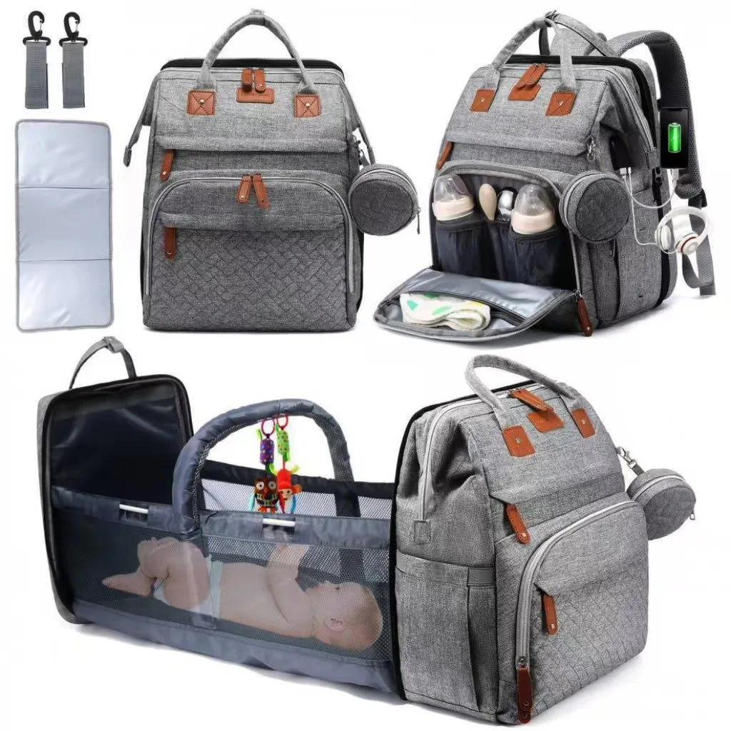 3-in-1 Baby Diaper Backpack with Foldable Travel Bed & USB Port