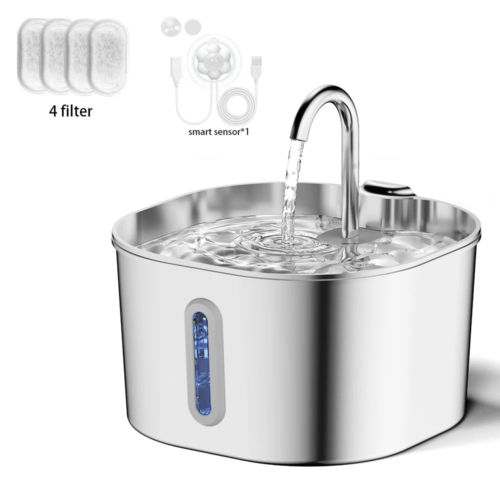 HydroFlow™ Stainless Steel Pet Water Fountain – 2.2L Automatic Water Dispenser